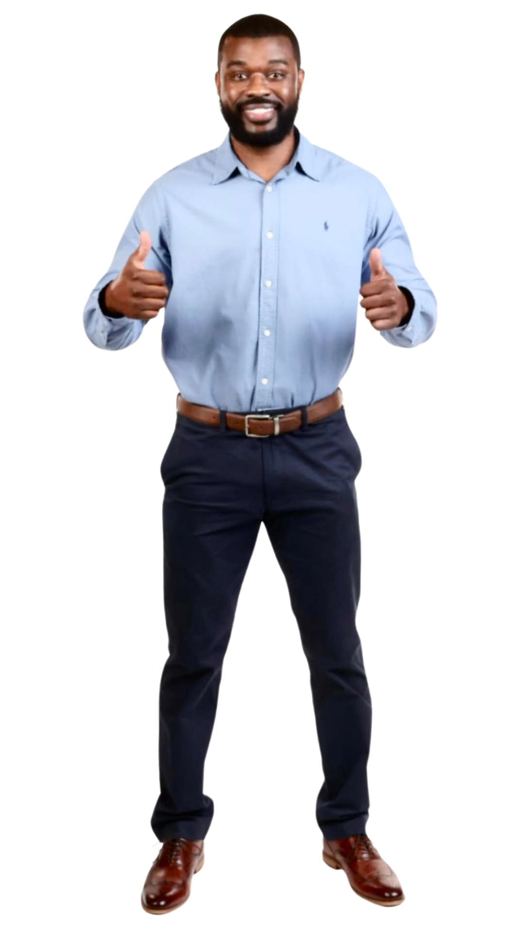 Full body picture with two thumbs up.