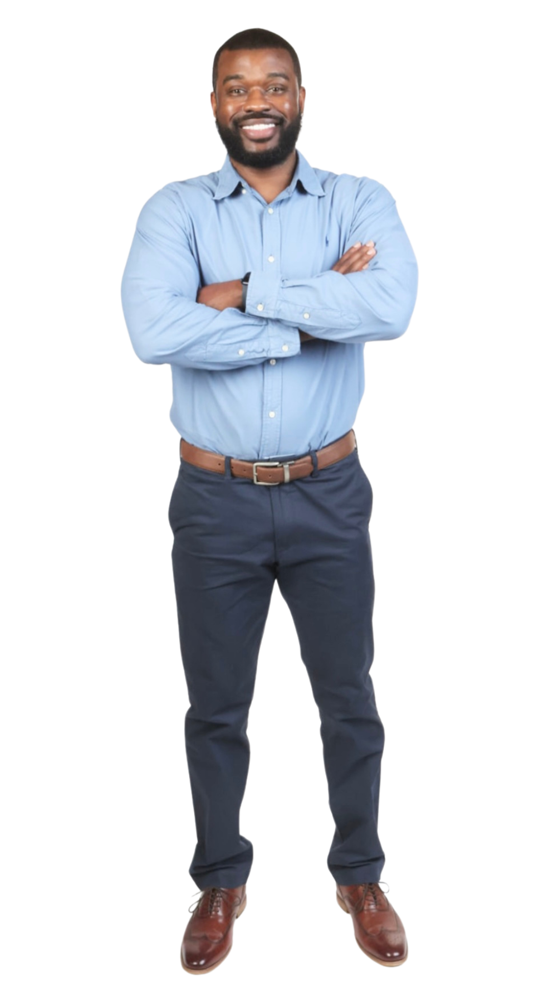 Full body picture with both arms folded.