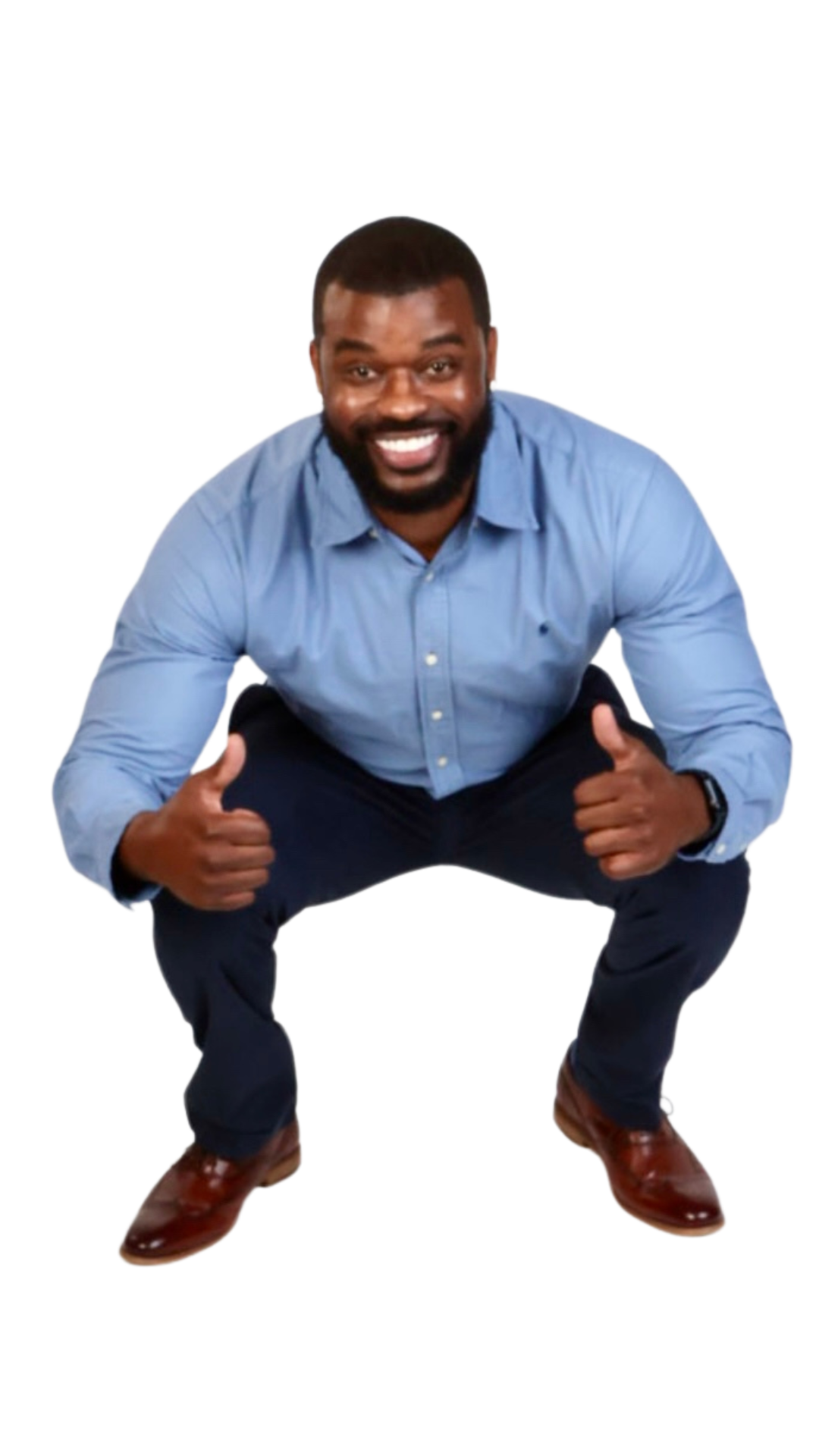 Kneeling down with both thumbs up.