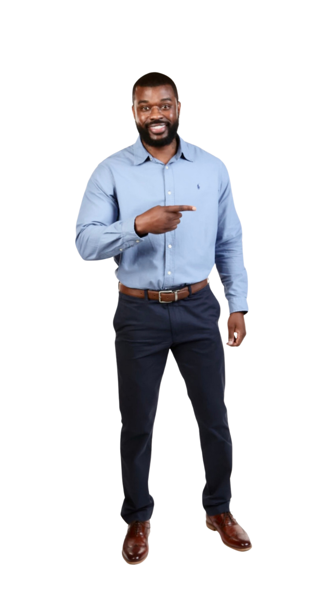 Full body picture pointing to the right indicating to fill out the form.